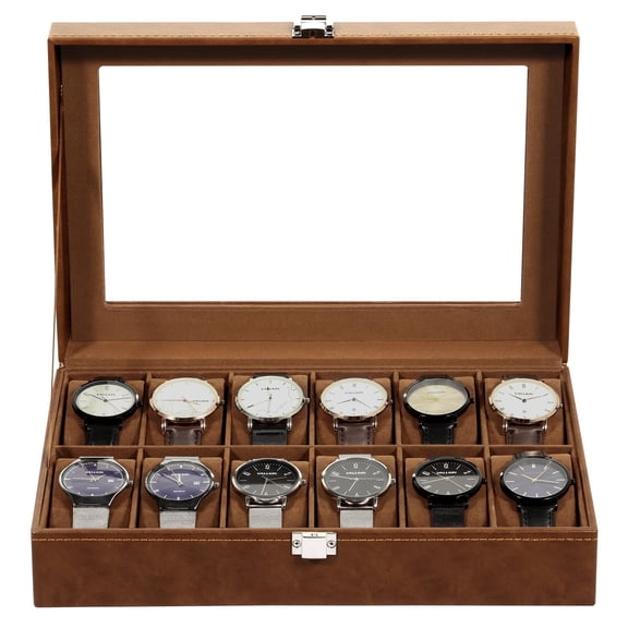 Uten 12-Slot Watch Box with Large Real Glass Lid, Luxury PU Leather Watch Display Case and Organizer with Removable Pillows, Brown