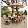 Hanover Monaco 7-Piece Outdoor Patio Dining Set with 4 PVC Sling Dining Chairs, 2 Swivel Rockers, and 40" x 68" Porcelain Tile Rectangular Dining Table with Umbrella | MONACO7PCSW-SU