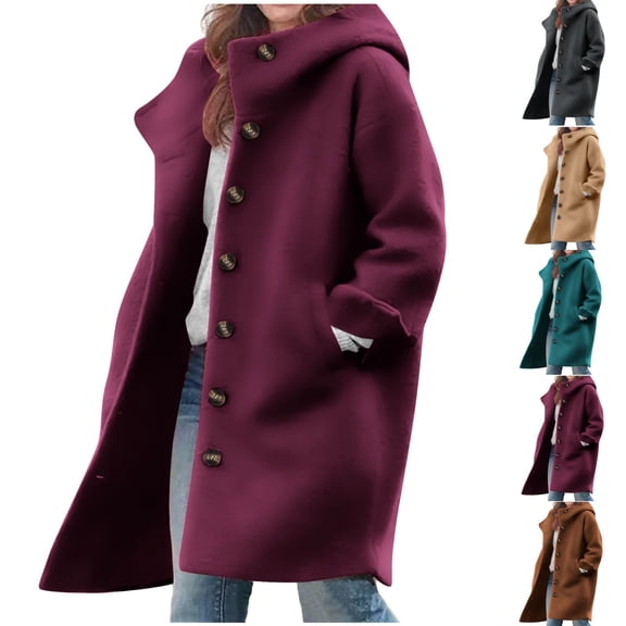 Bixock Winter Pea Coats for Women Peacoat Jacket Hooded Solid Color Long Sleeve Button Front Side Pocket Warm Outerwear for Women Clothings