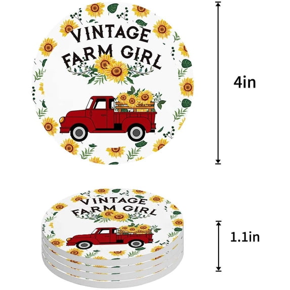 ZHANZZK Rustic Red Truck Sunflower Vintage Farmhouse Style Set of 6 Round Coaster for Drinks, Absorbent Ceramic Stone Coasters Cup Mat with Cork Base for Home Kitchen Room Coffee Table Bar Decor
