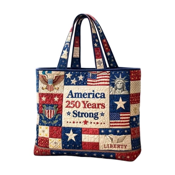 USA 250th Anniversary Quilted Tote Bag Patriotic American Flag Handbag for Man Woman United States 250 Years Reusable Totebag for Work Holiday Travel Shopping Use