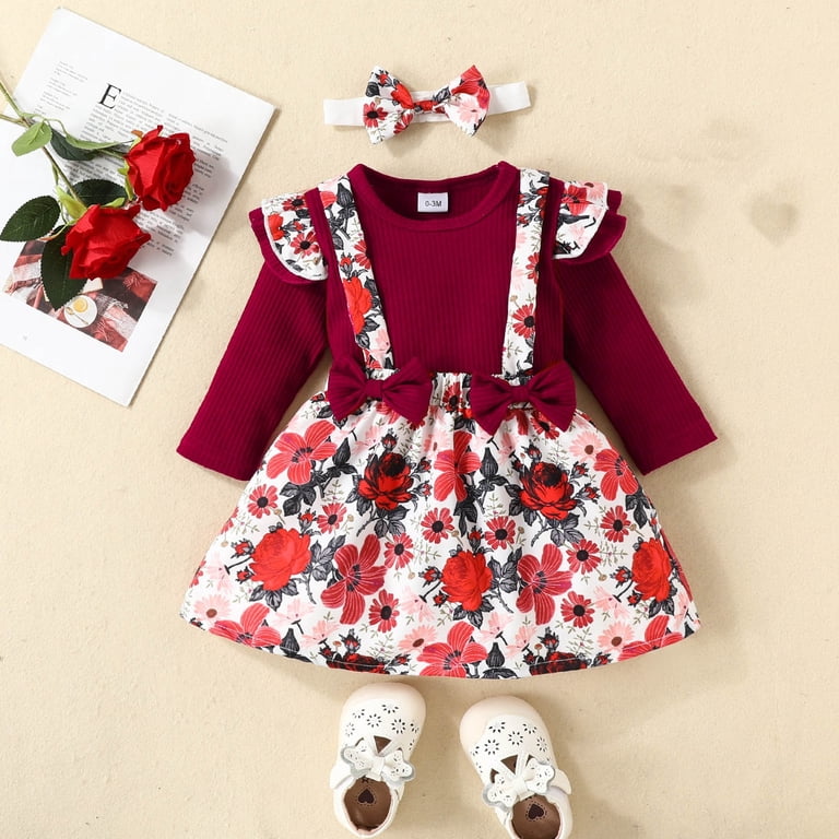 Zwiiyzr 0-18M Newborn Baby Girls Fall Winter Outfits Cute Ruffle Long  Sleeve Ribbed Romper Top Bow Suspender Skirt with Headband Three Piece Baby Clothes  Burgundy - Walmart.com