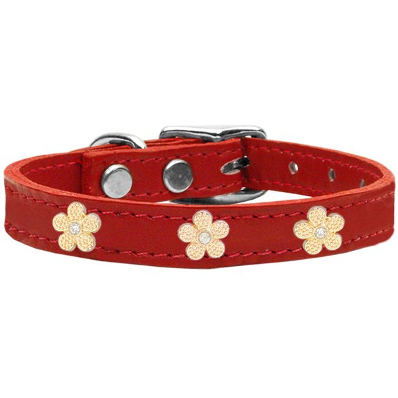 Gold Flower Widget Genuine Leather Dog Collar Red 20