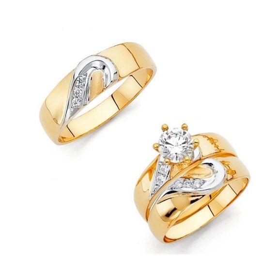 14k Two Tone Gold Round 1.25 ct CZ Matching Bridal Ring Trio Set His & Hers