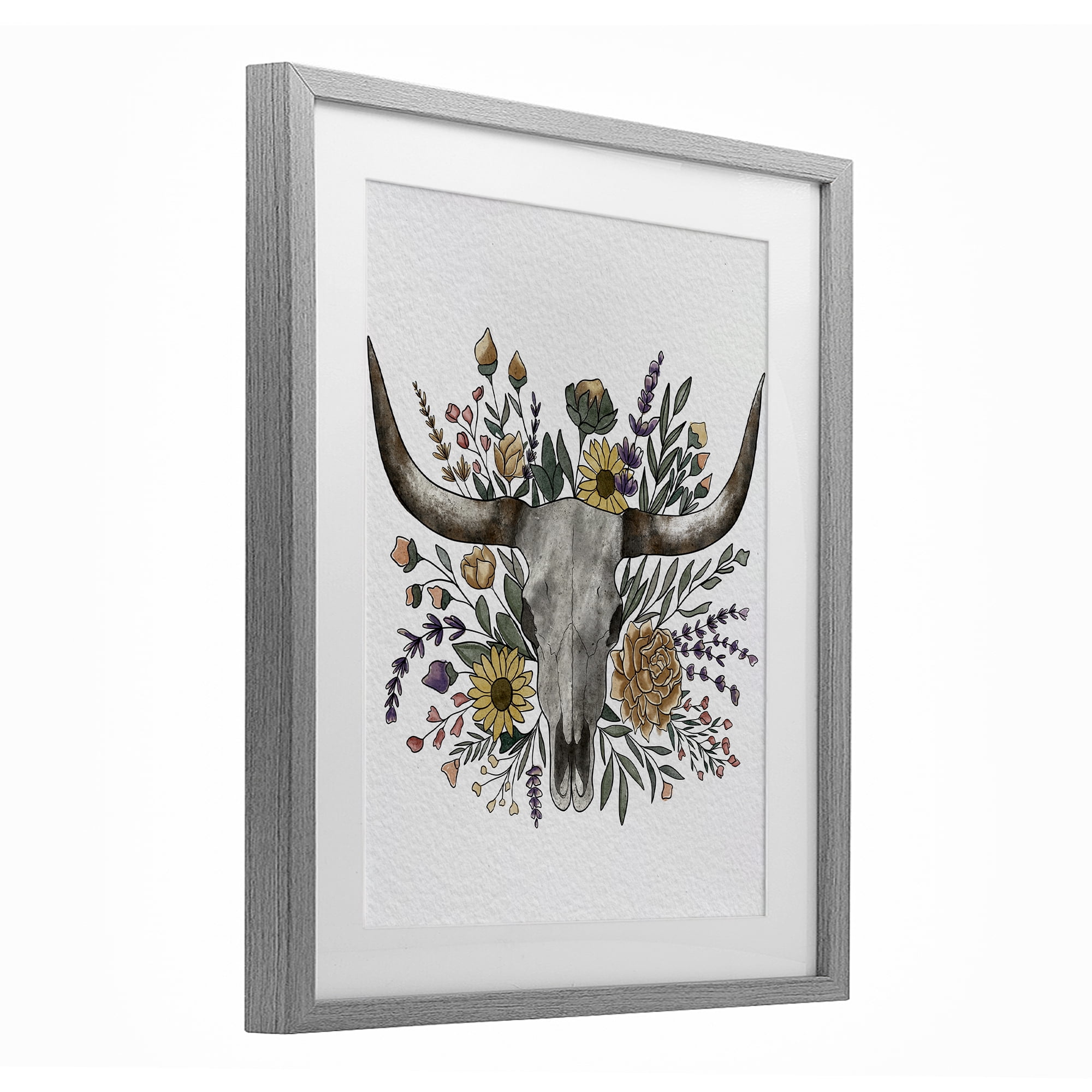 Stupell Industries Boho Wildflower Longhorn Gray Framed Print Under Glass, design by Alisha Kiara Design