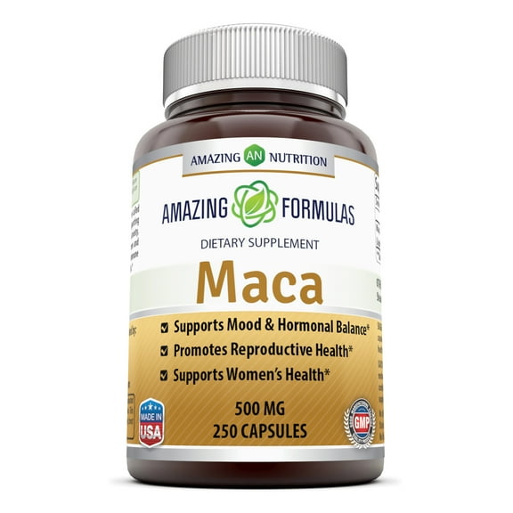 Amazing Formulas Natural Maca 500 Mg Per Serving 250 Capsules Supplement | Non-GMO | Gluten Free | Made in USA | Suitable for Vegetarians