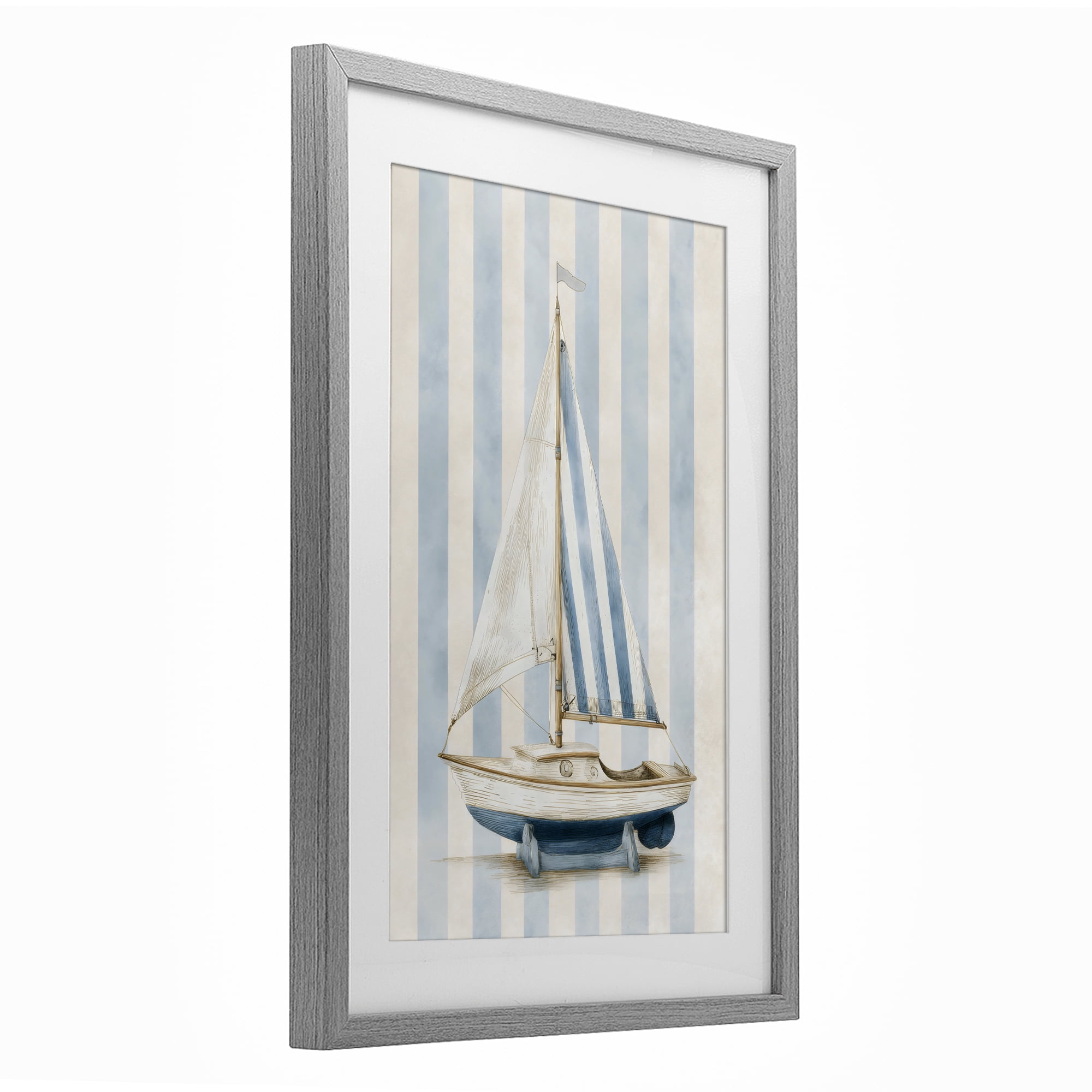 Stupell Industries Seaside Stripes Sailboat Gray Framed Print Under Glass, design by Petal Prints Design
