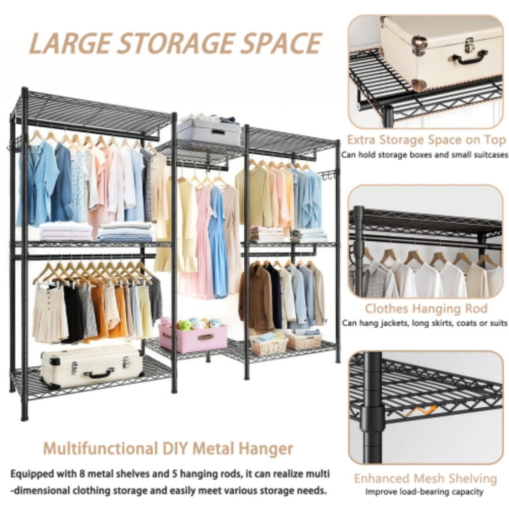 Heavy Duty Garment Rack, Freestanding Closet Organizer with 8 Adjustable Wire Shelves & 5 Clothes Rails, Portable Wardrobe Storage Rack, Black