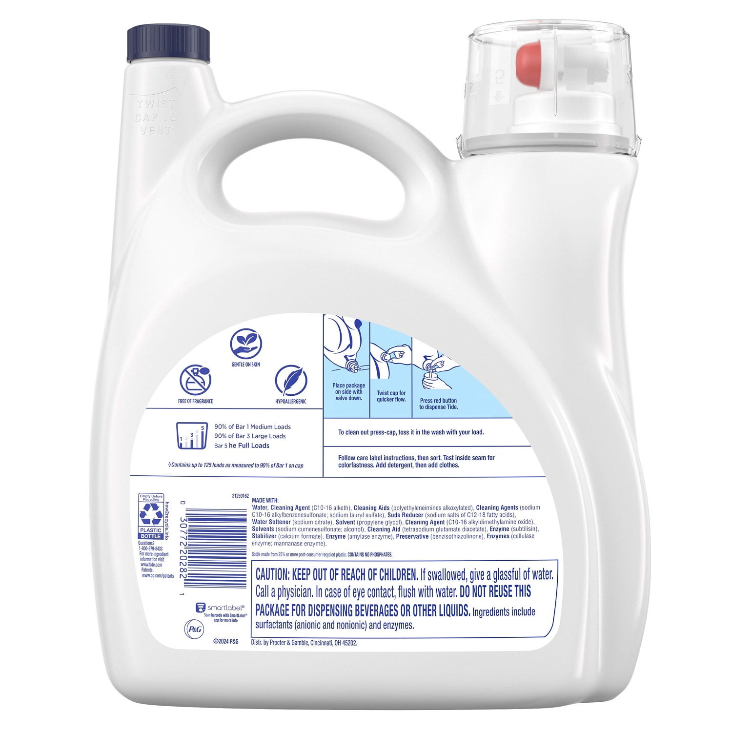 Tide Advanced Care Liquid Laundry Detergent, Free & Gentle, 125 Loads, 154 Fl Oz
