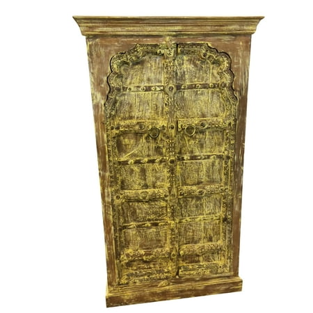 Mogul Antique Cabinet Mehrab Teak Doors India Furniture Yellow Mogul Antique Cabinet Mehrab Teak Doors India Furniture Yellow Rustic Armoire Hand Carved Spritual Yoga Décor - Mogul Antique Cabinet Mehrab Teak Doors India Furniture Yellow