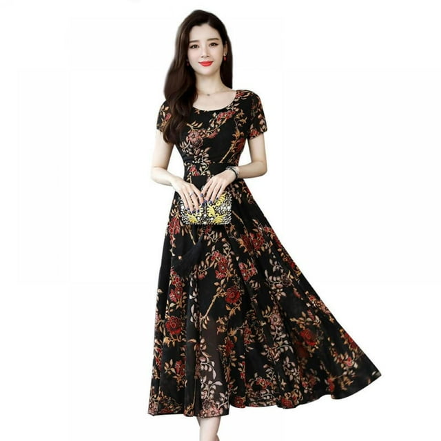 AMERTEER Robes Femmes Manches Courtes Lâches Robes à Imprimé Floral Robes Longues Décontractées une Ligne Jupe Douce Bohème Robe Longue
