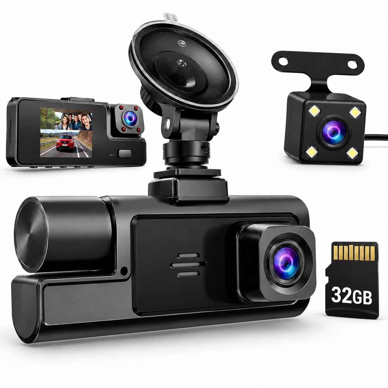 Acuvar WiFi 1080P 3 Channel Dash Cam for Cars, Front Inside Rear Dash Camera with 32GB Card, 170° Wide Angle, G-Sensor, Loop Recording, Night Vision, WDR, 2" Screen, Car Camera for Cars, Trucks & SUV