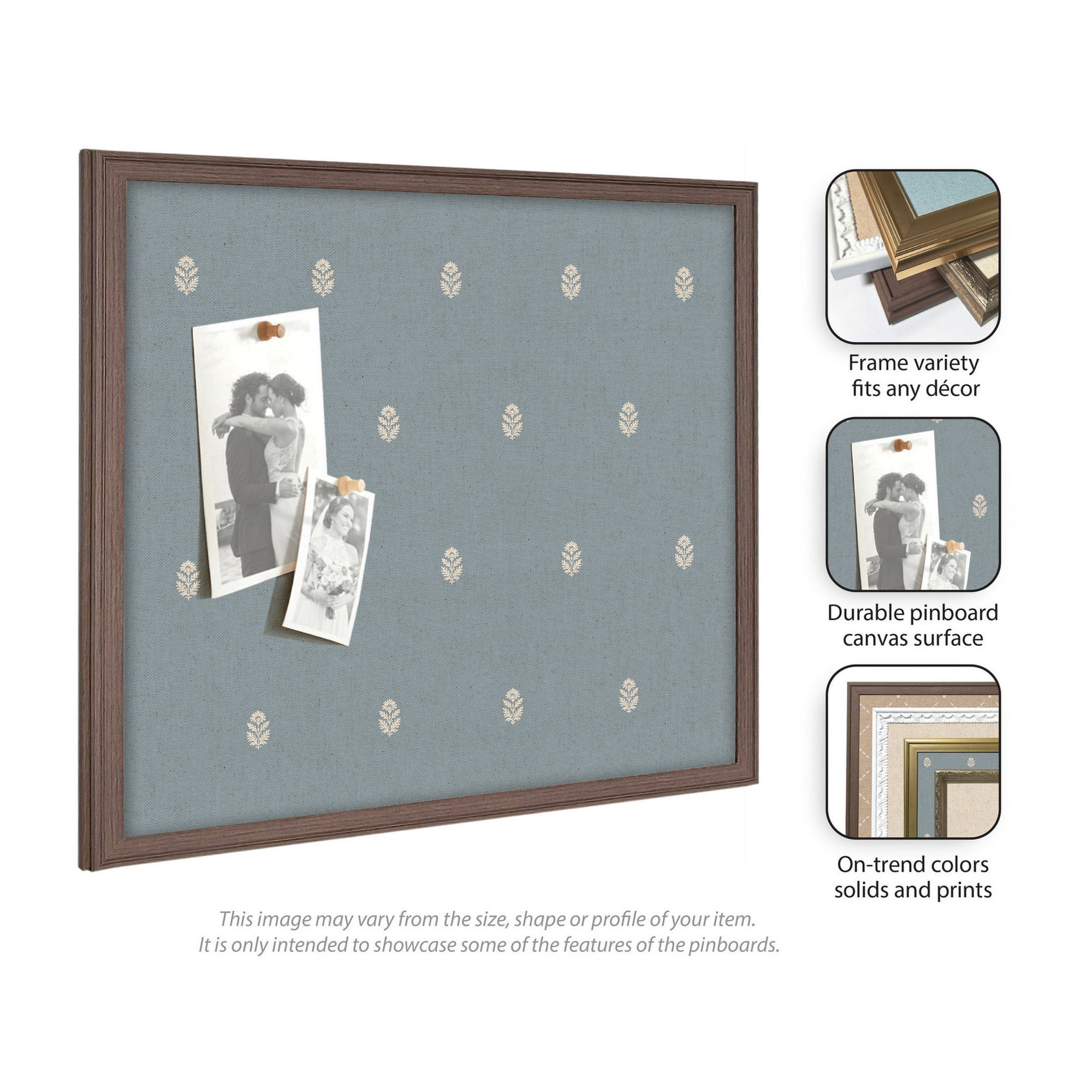 Kate and Laurel Framed Fabric Pinboard 18 x 42, Blue Botanical Block Print Printed Linen Classic Bulletin Board for Use as a Vision Board or Wall Organization, Florence Gold Frame