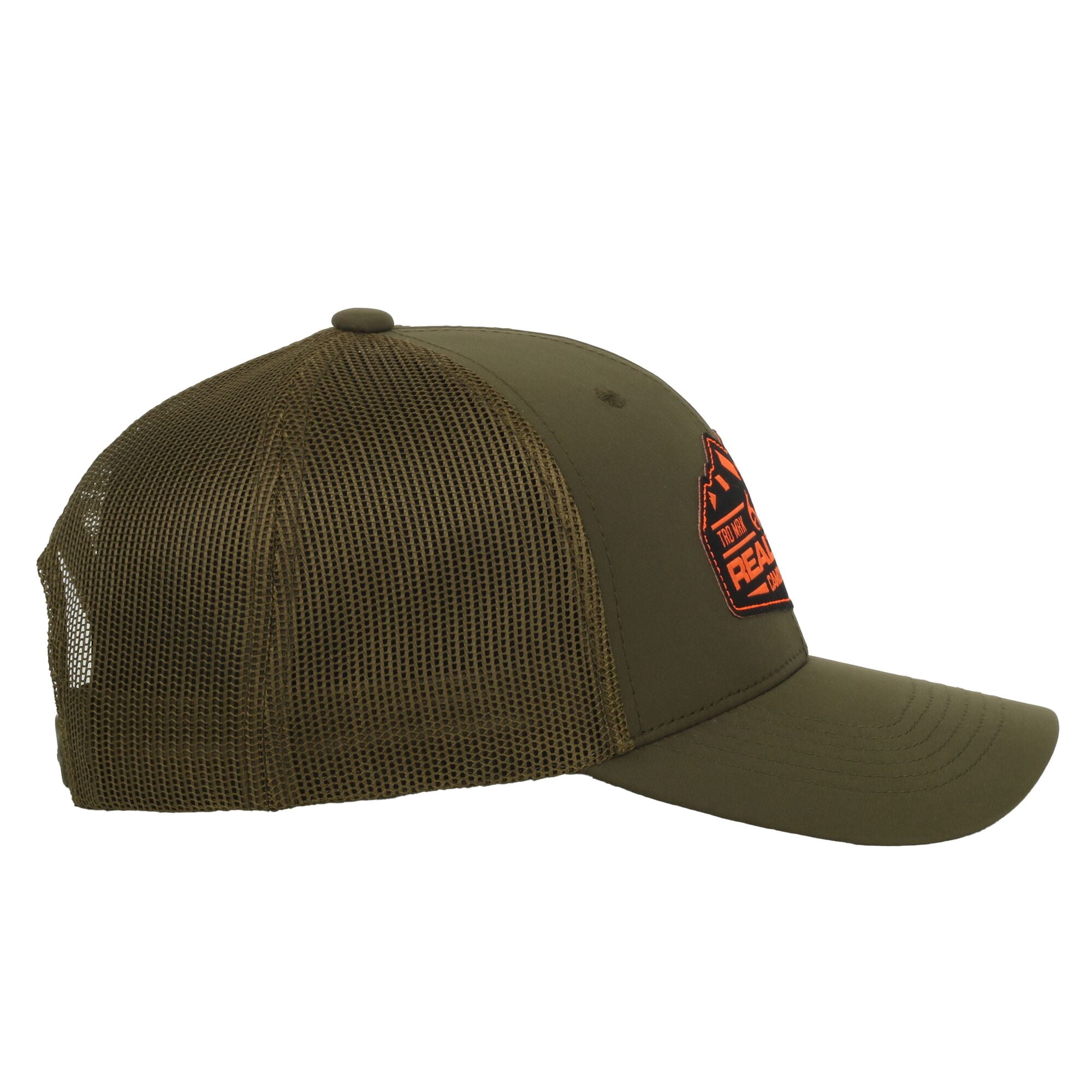 Realtree Structured 6-Panel Trucker Hat – Woven Logo Meshback Cap, Olive, One Size