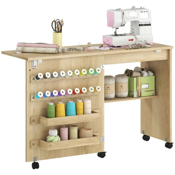 HOMCOM Folding Sewing Table, Rolling Craft Table with Storage, Natural