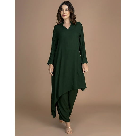 Moomaya Women's Indo-Western Co-Ord Set | Rayon Asymmetric Long Kurta With Palazzo Pants | 2-Piece Outfit With 3/4 Sleeves & V-Neck - Comfortable & Breathable