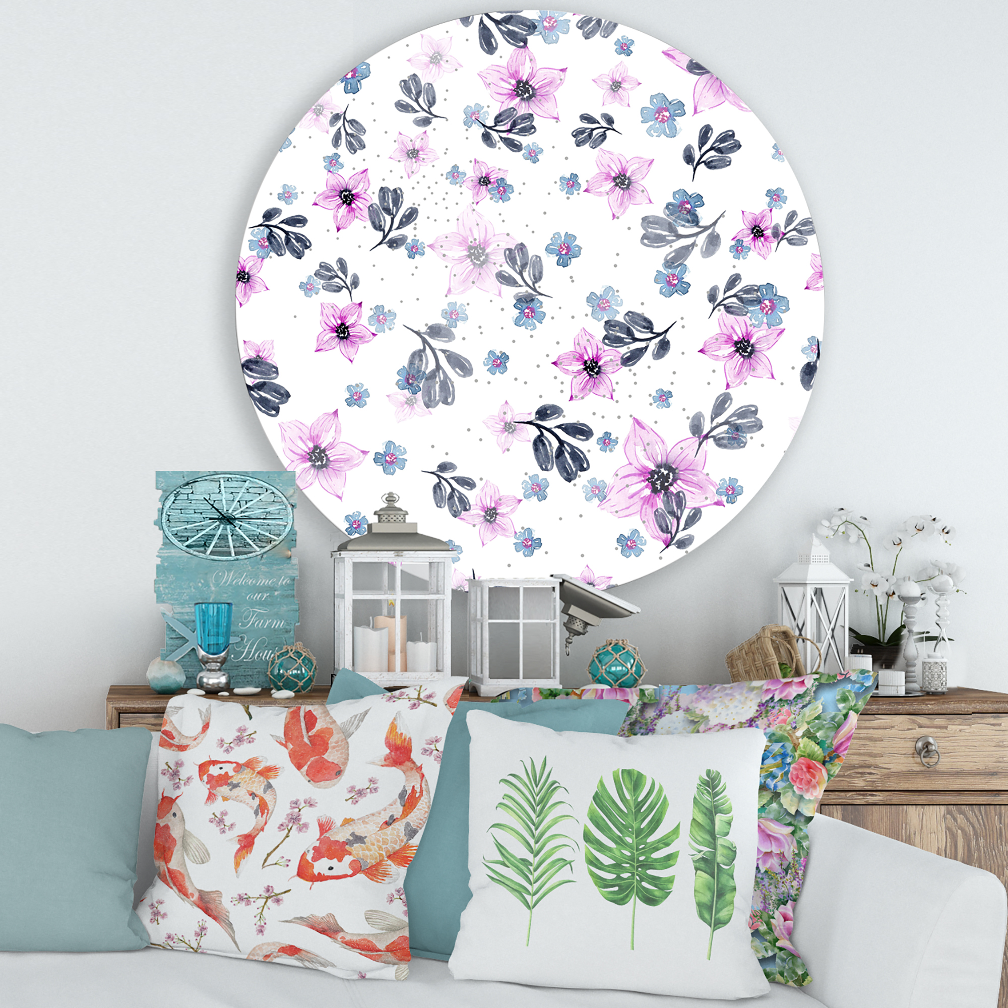 Designart 'Petals and Pink Flowers' Traditional Circle Metal Wall Art 29x29 - Disc of 29