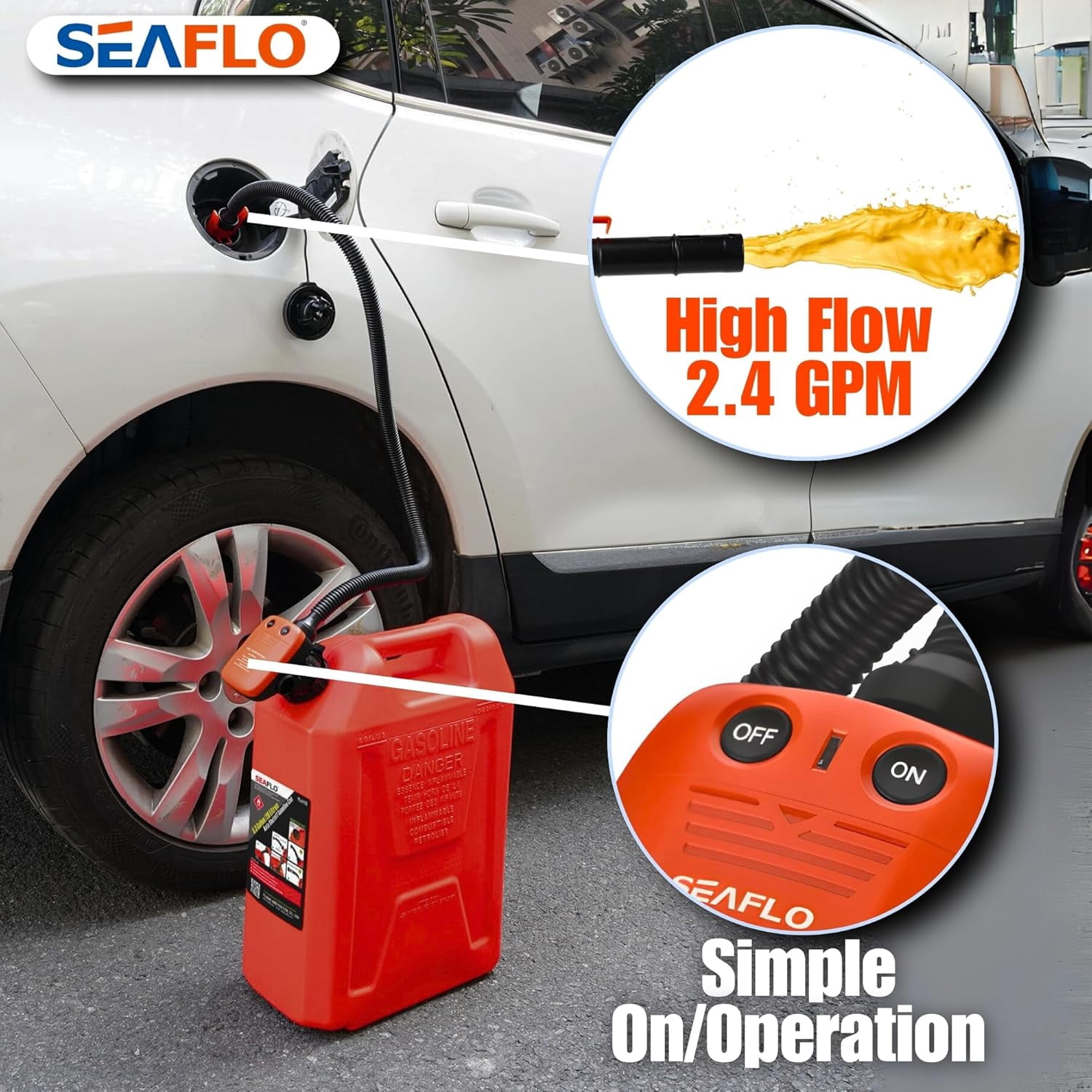 SEAFLO Fuel Transfer Pump – Battery Operated, 2.4 GPM (9.0 LPM) Flow, Level Sensor Auto-Stop, Explosion-Proof Motor, 4-Year Warranty | For Gasoline, Diesel, and More (Model SFFTP5-024-02)
