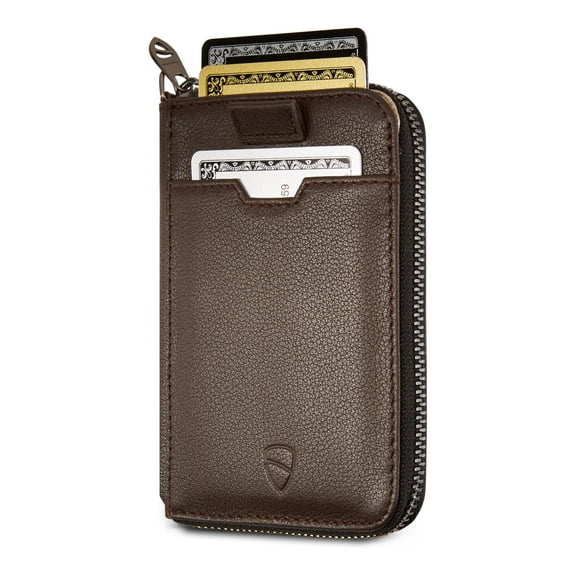 Vaultskin NOTTING HILL Minimalist Leather Zipper Wallet for Women and Men: Slim Multi Cardholder with RFID Blocking and Keychain Ring (Brown)