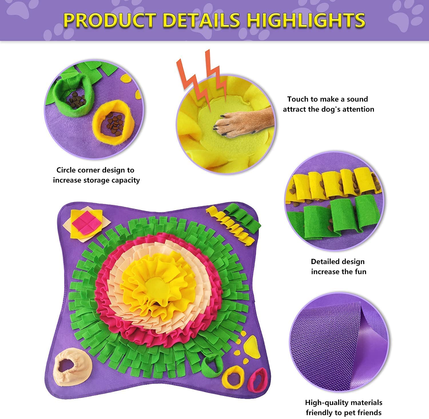 28.3" Pet Snuffle Foraging Mat, Dog Mental Puzzle Interactive Stimulation Toys for Smell Training and Slow Eating, Stress Relief for Feeding, Purple
