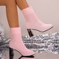thumbnail image 2 of Pink Womens Elastic Knitted Boots With Square Toe And Chunky Heel For Versatile Winter Styling, 2 of 8