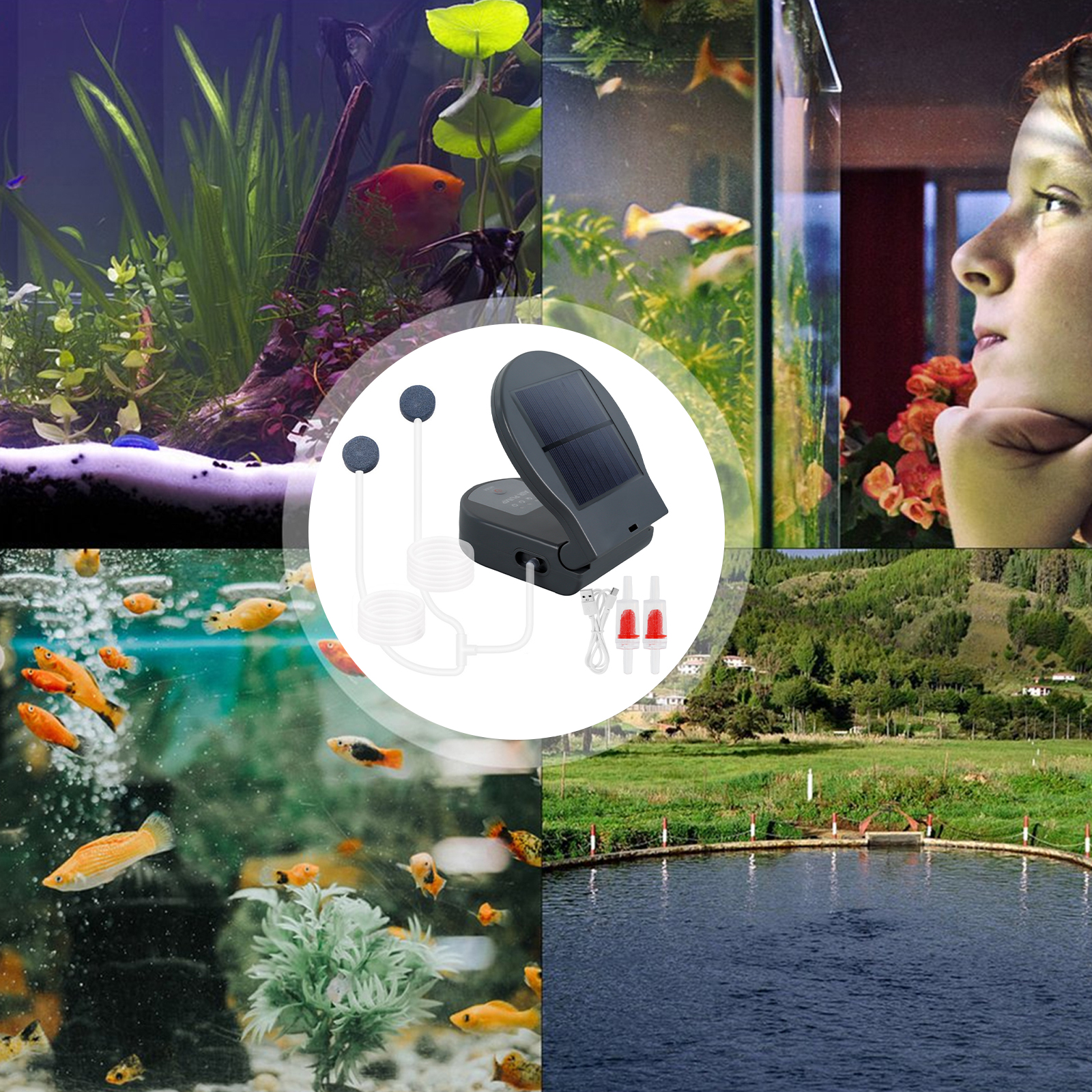 Evjurcn Solar Pond Aerator with Hose 5V/1W Solar Oxygen Pump 3 Adjustable Mode Aquarium Air Pump Durable Fish Bubbler Pump Oxygenator Aerator Oxygen Pump Aerator for Outdoor Aquarium Pool