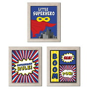 Sagebrush Fine Art Adorable Red, Blue and Yellow Superheroes Rule, Boom, Bam, Pow and Little Superhero Set, Perfect for a Child's Room or Nursery; Three 11x14in Distressed Framed Prints