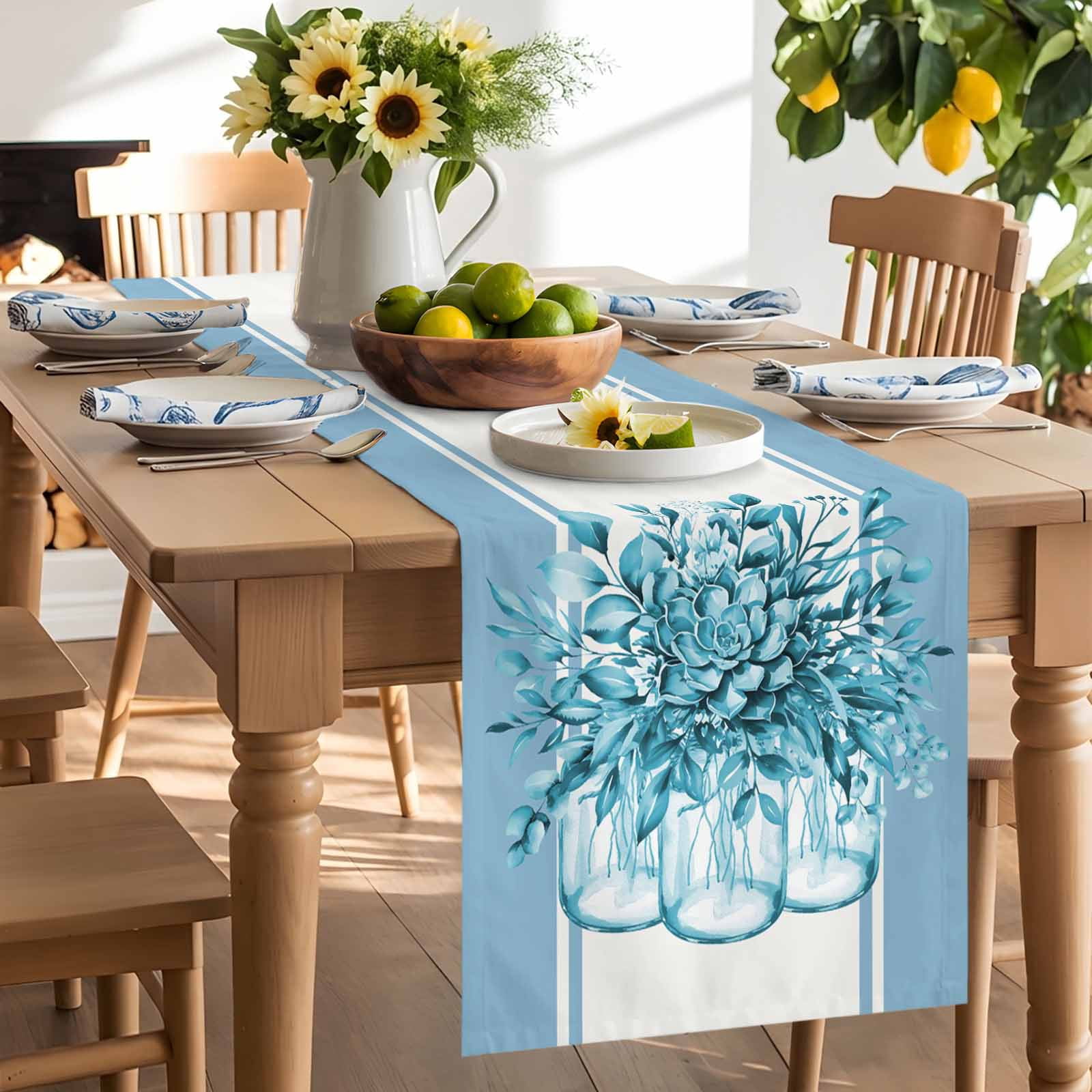 Country Teal Flower Botanical Table Runner 90 Inches Long, Modern Watercolor Stripes Table Runners Tabletop Scarf Kitchen Dining Tables Decoration for Home Party Indoor Outdoor