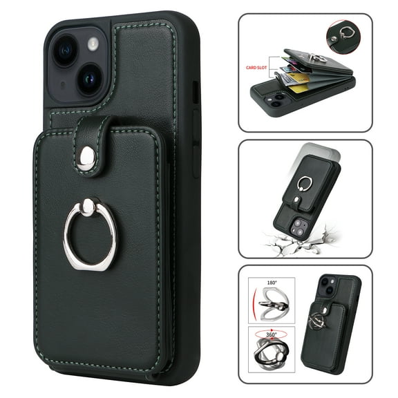 Accordion Wallet Case for iPhone 15 with Rotatable Ring Holder Kickstand, RFID Blocking Card Slots Finger Grip Ring PU Leather Shockproof Purse Cover for iPhone 15, Green