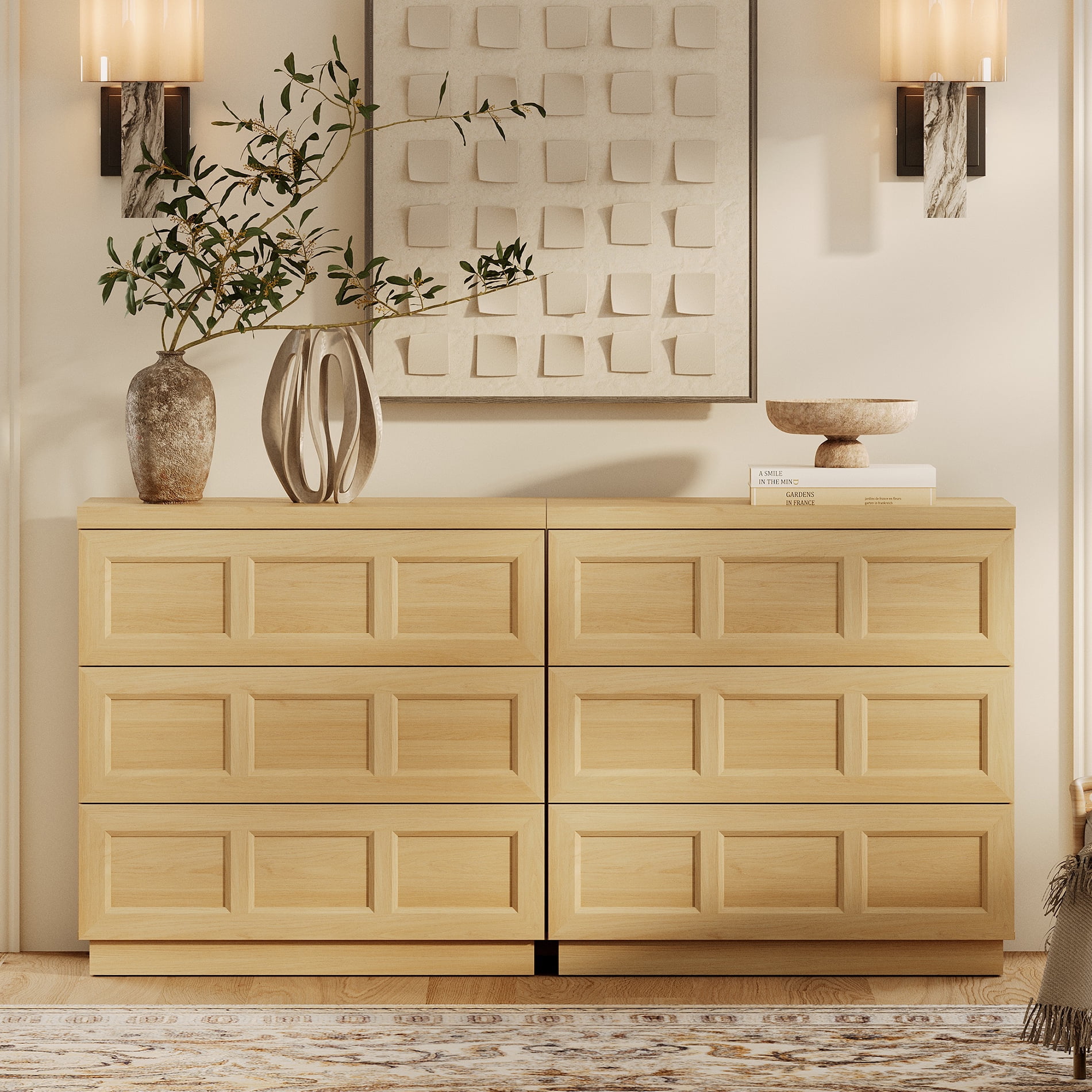 HOMOOI Modern Wood Dresser,Boho 63" Anti-Wobble Silent Storage Dresser with 6 Pop-Up Handle-Free Chest of Drawers，for Bedroom, Living Room,Oak