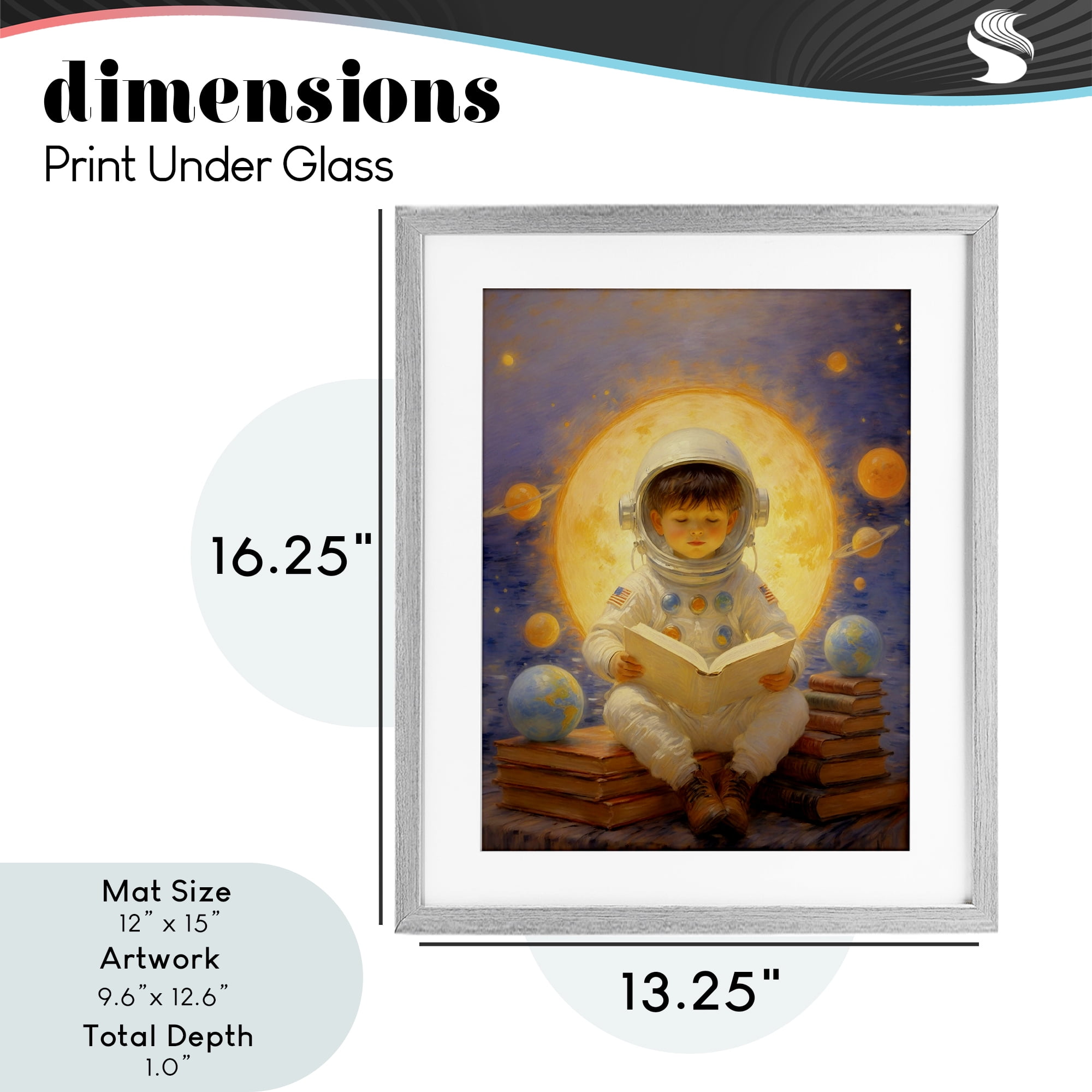 Astronaut Child Learning Gray Framed Print Under Glass, design by Angie Hawke