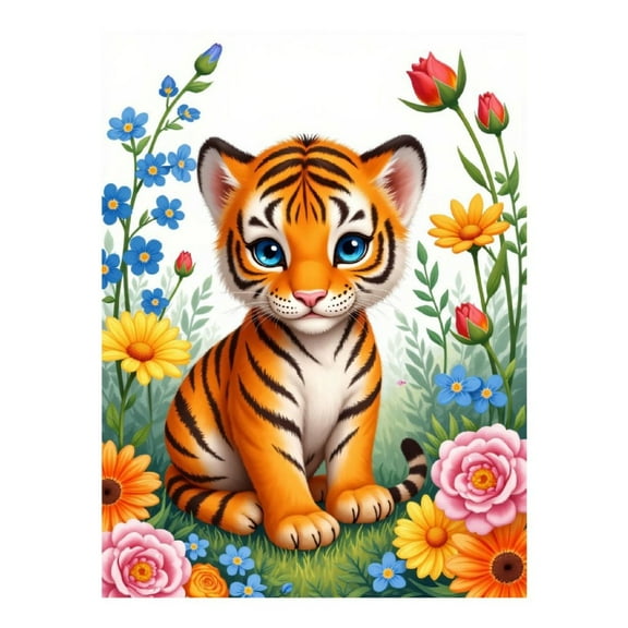 Diamond Art Kit for Adults, Cute Tiger Cub Surrounded By Flowers Diamond Painting for Adults Beginners, 5D DIY Diamond Art Painting Kits, Colorful Diamond Painting Craft for Home Decor 12x16