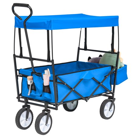 Jump Into Fun Collapsible Wagons  Heavy Duty Folding Cart with Canopy  Adjustable Handle  360 Degree Wheels & Storage Basket  Beach Wagon Cart for Kids  Garden Wagon Cart for Sand  Large Wagon  Blue