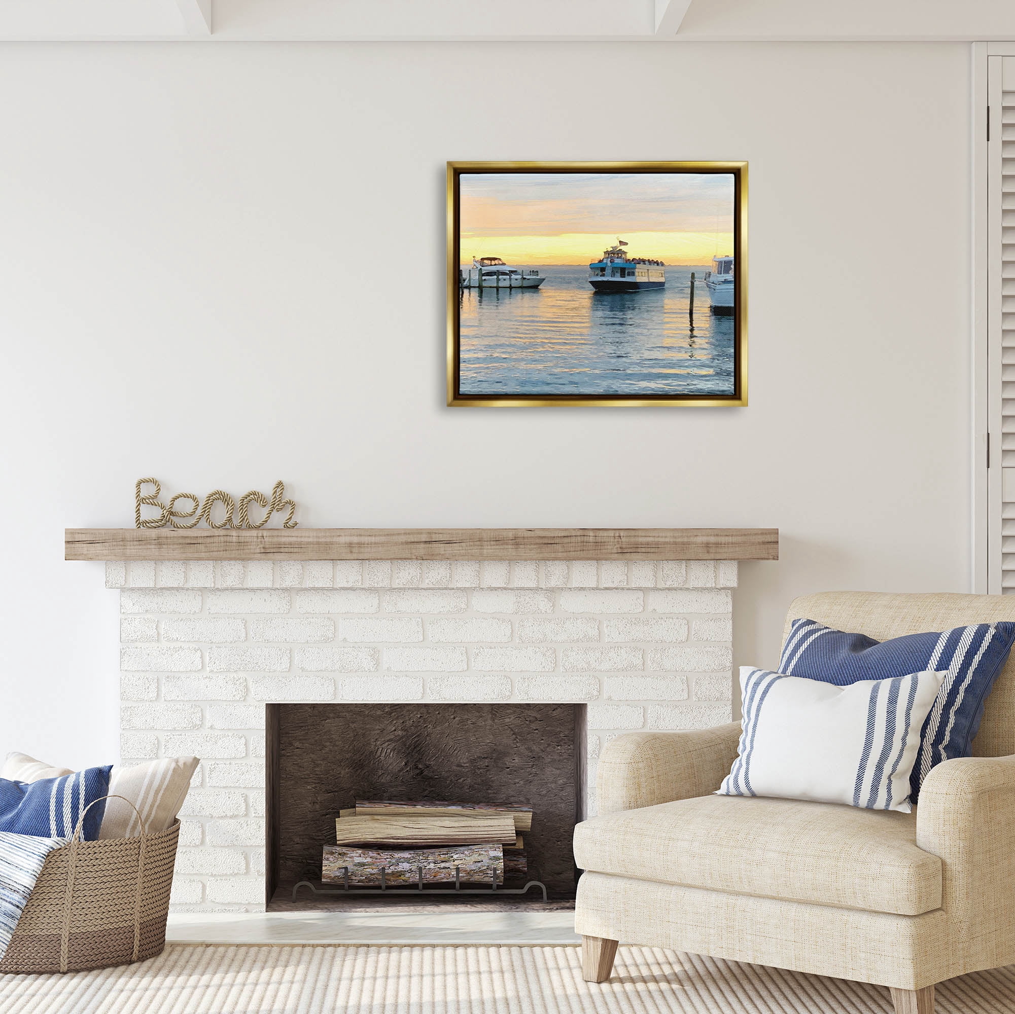 Stupell Industries Ferry Boat Sunlit Sea Harbor Coastal Photography Gold Floater Framed Art Print Wall Art
