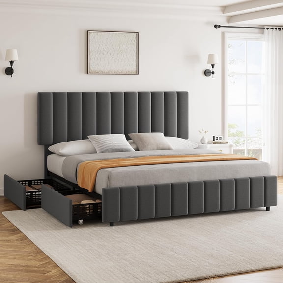 Full Linen Upholstered Platform Bed Frame with 4 Storage Drawers, Adjustable Headboard, Wooden Slats Support, No Box Spring Needed, Grey