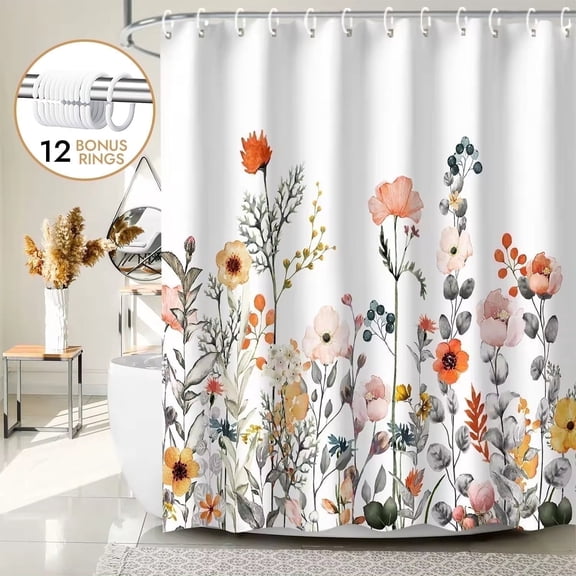 Floral Fabric Shower Curtain – Colorful Wildflower Bathroom Shower Curtain Set with 12 Hooks, Botanical Flower Bath Curtain, Waterproof Bathroom Decor