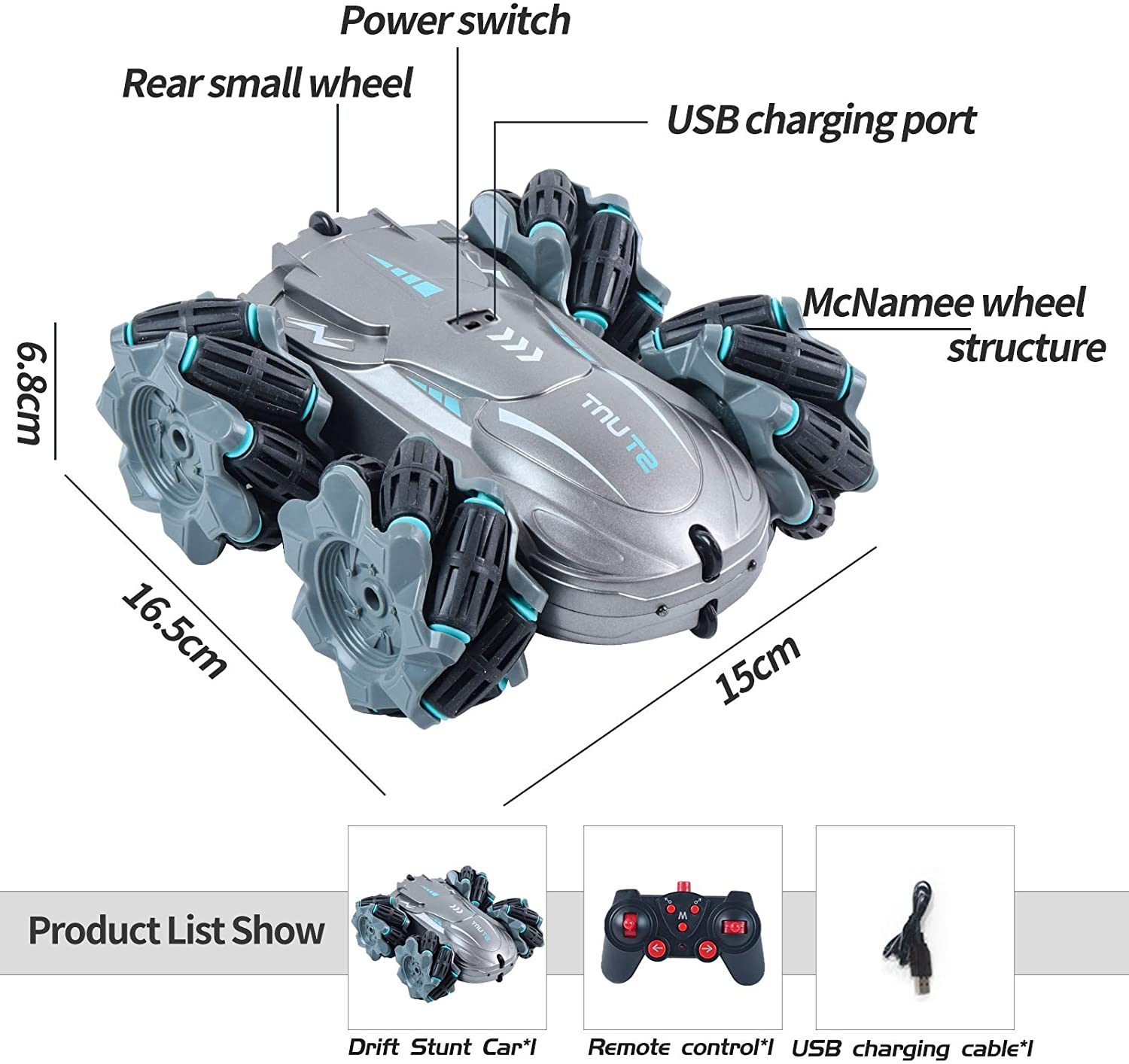 LNKOO Remote Control car Drifting, Drifting, bidirectional Driving Stunt, high-Speed Climbing Off-Road Vehicle, with LED Colorful Lights, with Rechargeable Battery (Silver)