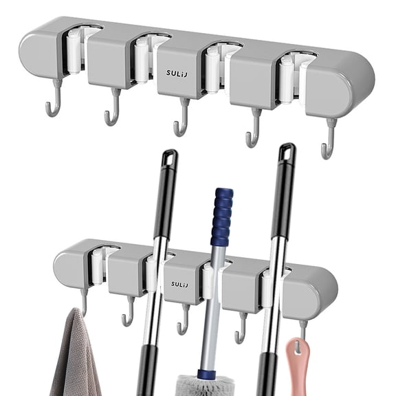 2Pcs Broom Holder Wall Mounted Mop Broom Hanger Easy to Use Mop Holder Punch Free Mop Organizer 4 Slots Mop Clip Holder with 5 Hooks Effective Wall Broom Holder for Home