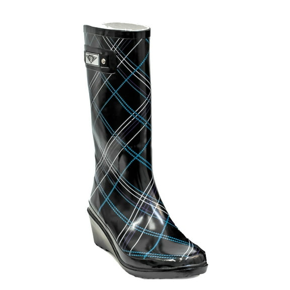 Women Black/Blue Plaid Rubber Rain Boots, Wedge Heel Design w/ Cotton Lining