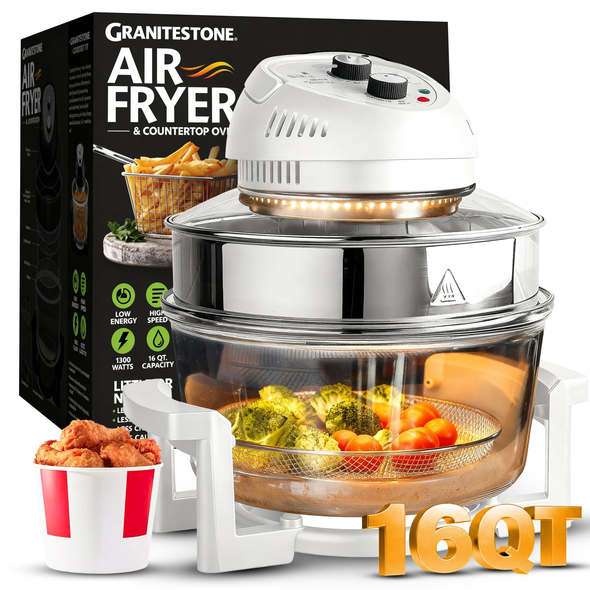 Granitestone 16Qt Large Glass Air Fryer Non Toxic – Family Sized Airfryer Cooker with 3 Cooking Levels, Stainless Steel Racks, Chicken, No Preheat, Self Cleaning, Dishwasher Safe, White