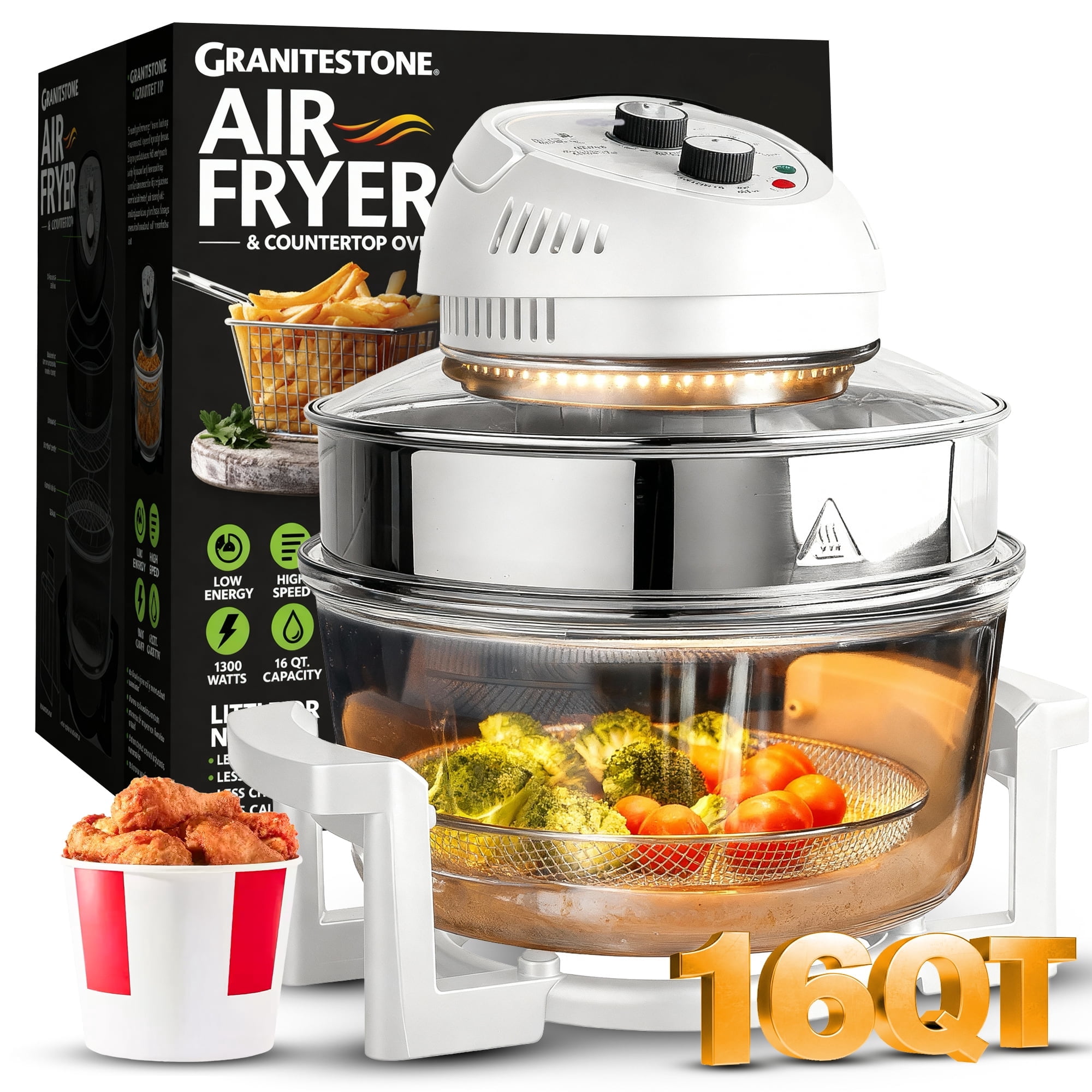 Granitestone 16Qt Large Glass Air Fryer Non Toxic – Family Sized Airfryer Cooker with 3 Cooking Levels, Stainless Steel Racks, Chicken, No Preheat, Self Cleaning, Dishwasher Safe, White