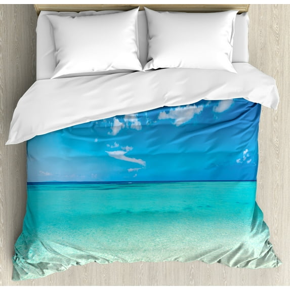 Tropical Duvet Cover Set, Paradise Ocean Dreamy Sea Vacation Serene Summer Exotic Relax Summer Picture, Decorative 3 Piece Bedding Set with 2 Pillow Shams, King Size, Turquoise Blue, by Ambesonne