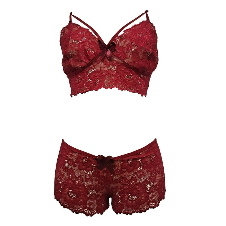 LowProfile Lingerie for Women Plus Size Corset Lace Floral Bralette Bra Two  Piece Underwear Nightgowns Sleepwear Sets Red XL 
