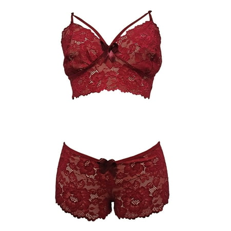 Puawkoer Women Plus Size Lingerie Lace Curtain Set with Corset Lace Floral Bralette Lace Lingerie Shorts Set Bra Two Piece Underwear