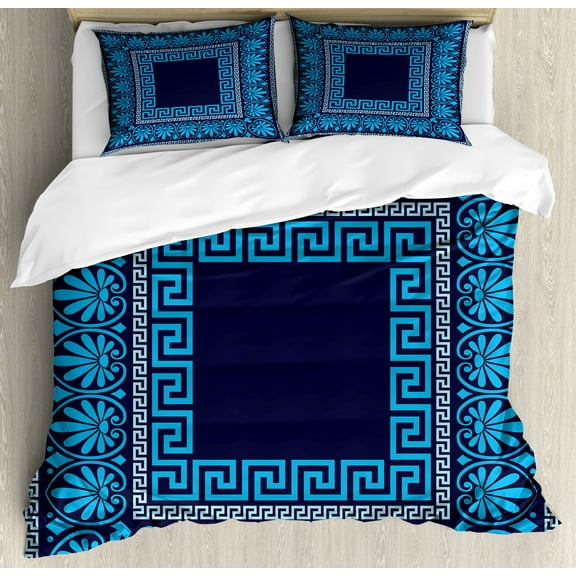 Greek Key Duvet Cover Set King Size, Grecian Meandros Pattern with Intricate Lines Floral Figures in Blue Shades, Decorative 3 Piece Bedding Set with 2 Pillow Shams, Blue Dark Blue, by Ambesonne