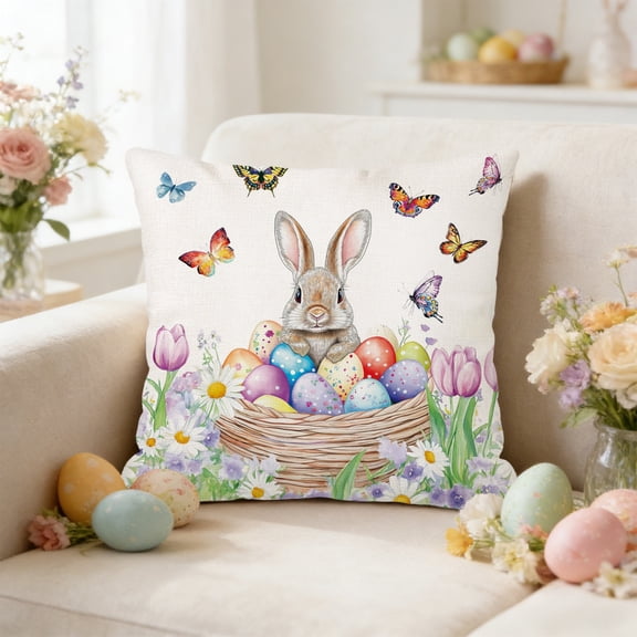Easter Bunny Carrots Throw Pillow Covers 18X18 Inches Spring Colorful Floral Green Leaves Pillowcase Soft Cotton Linen Square Spring Cushion Covers for Home Sofa Bedroom