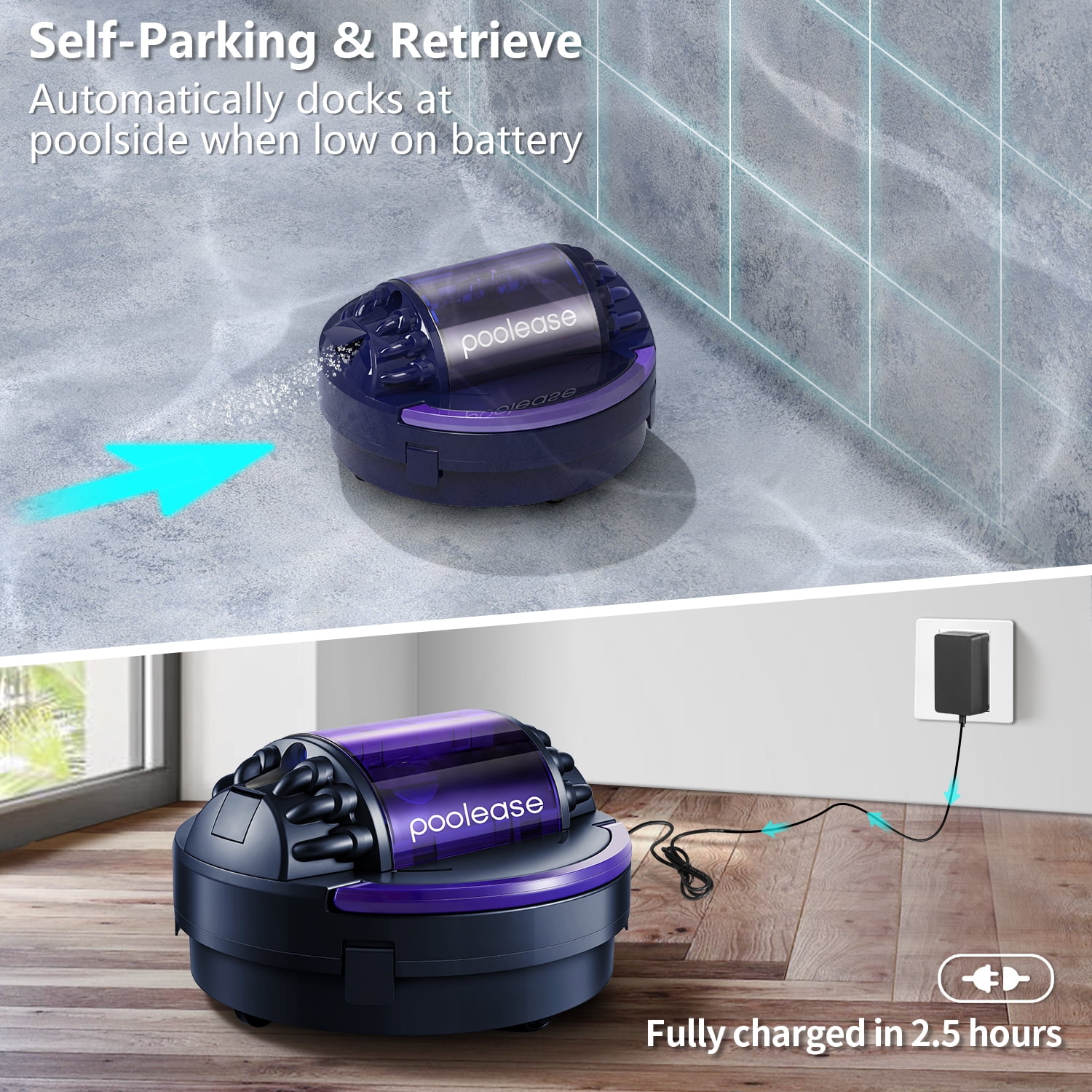 Poolease Cordless Robotic Automatic Pool Cleaner, Dual 45W Motors, Self-Parking, for In-Ground & Above Ground Pools