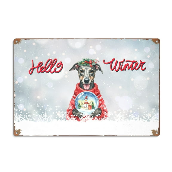 Hello Welcome Winter Italian Greyhound Holding Snow Globe Snowman Horizontal Metal Aluminum Sign Greyhound Dog Lover Wall Art Home Decor - 13015