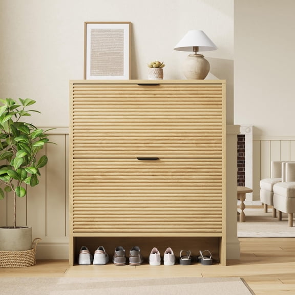 Shoe Storage Cabinet for Entryway, Fluted Shoe Cabinet with 2 Flip Drawers Doors, 31.5" Wide Hidden Shoe Rack Tall Freestanding Shoe Organizer for Entrance, Hallway, Living Room, Natural