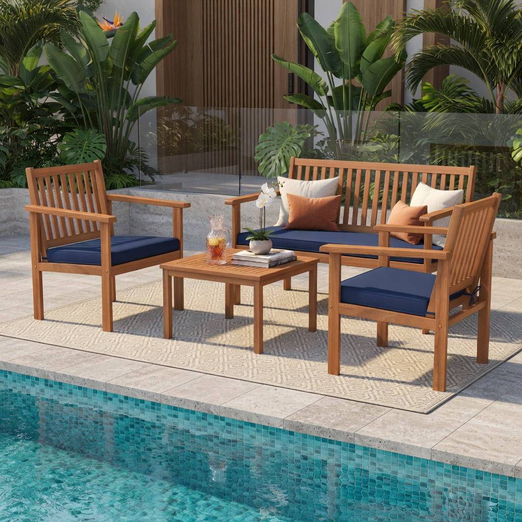 Hommoo 4-Piece Acacia Wood Patio Furniture Set, Cushioned Loveseat, 2 Chairs, Coffee Table for Backyard, Poolside & Porch, Navy
